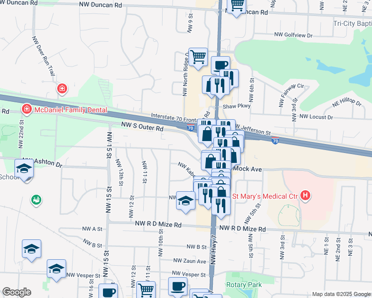 map of restaurants, bars, coffee shops, grocery stores, and more near 812 Northwest Mock Avenue in Blue Springs