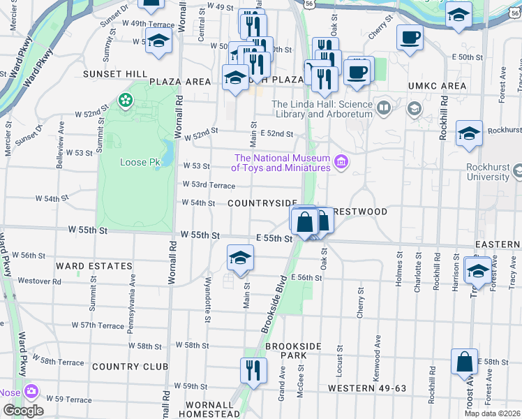map of restaurants, bars, coffee shops, grocery stores, and more near 12 East 54 Terrace in Kansas City