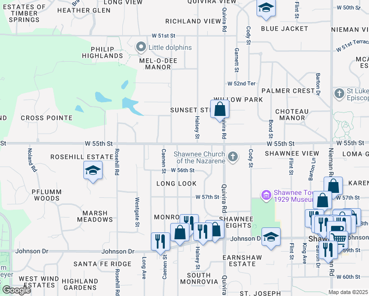 map of restaurants, bars, coffee shops, grocery stores, and more near 5508 Monrovia Street in Shawnee