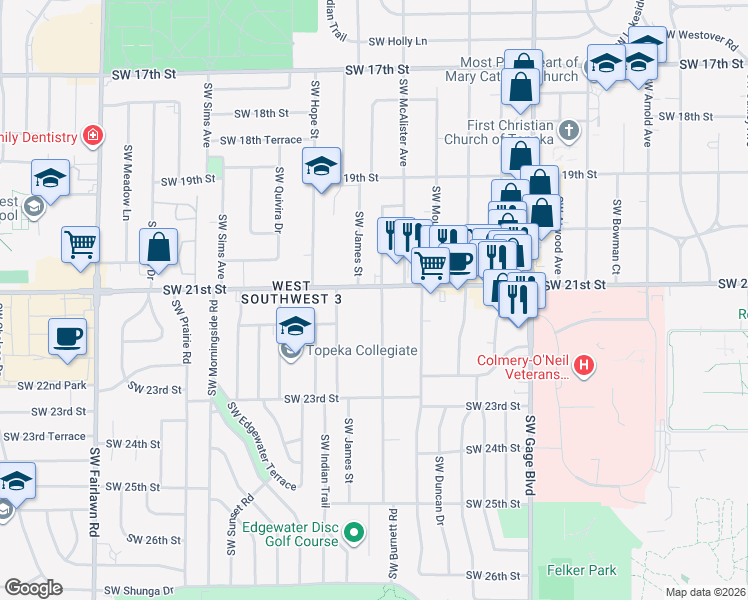 map of restaurants, bars, coffee shops, grocery stores, and more near 2137 Southwest Burnett Road in Topeka