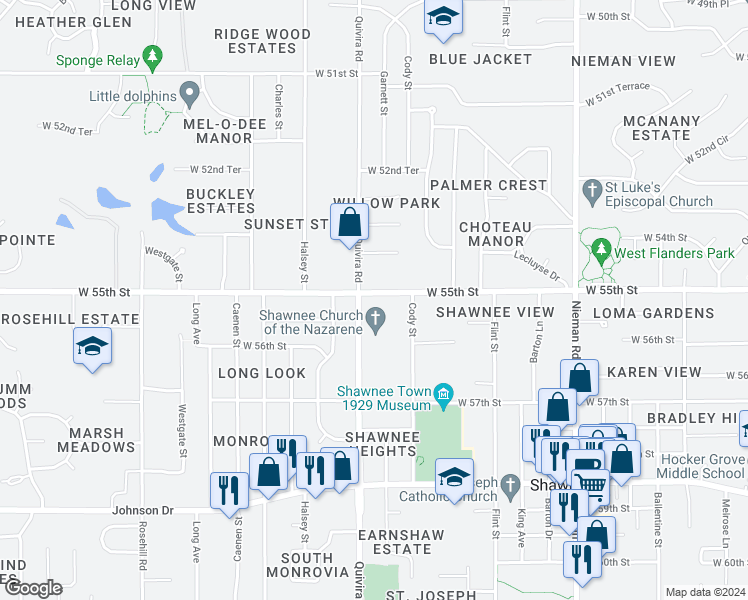map of restaurants, bars, coffee shops, grocery stores, and more near 11807 West 55th Street in Shawnee