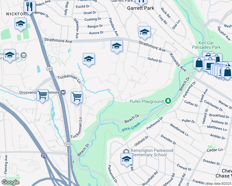 map of restaurants, bars, coffee shops, grocery stores, and more near 10520 Montrose Avenue in Bethesda