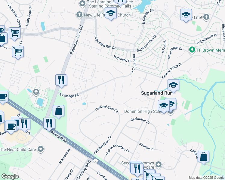 map of restaurants, bars, coffee shops, grocery stores, and more near 311 Samantha Drive in Sterling