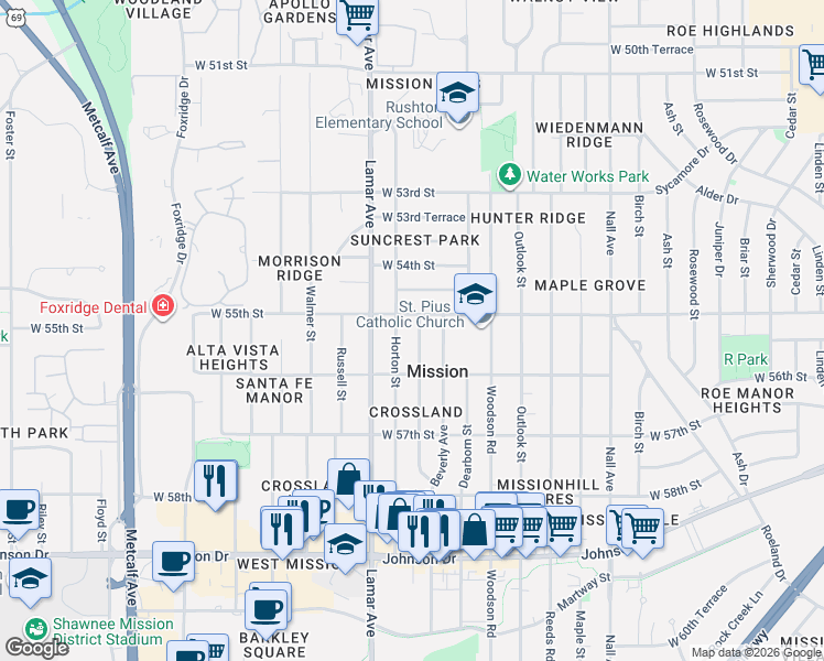 map of restaurants, bars, coffee shops, grocery stores, and more near 5510 Beverly Lane in Mission