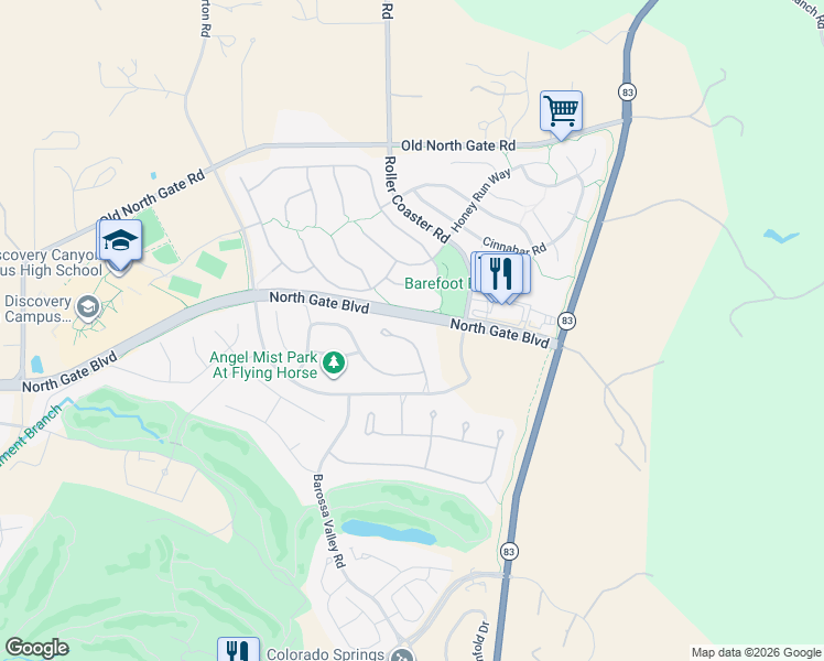 map of restaurants, bars, coffee shops, grocery stores, and more near 13604 Random Ridge View in Colorado Springs