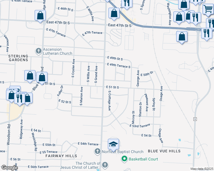 map of restaurants, bars, coffee shops, grocery stores, and more near 12804 East 51 Street South in Independence