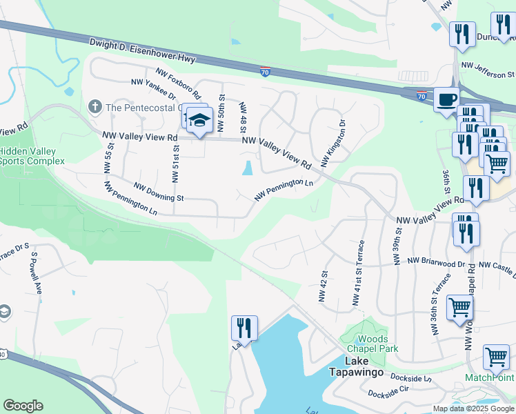 map of restaurants, bars, coffee shops, grocery stores, and more near 4200 Northwest Valley View Road in Blue Springs