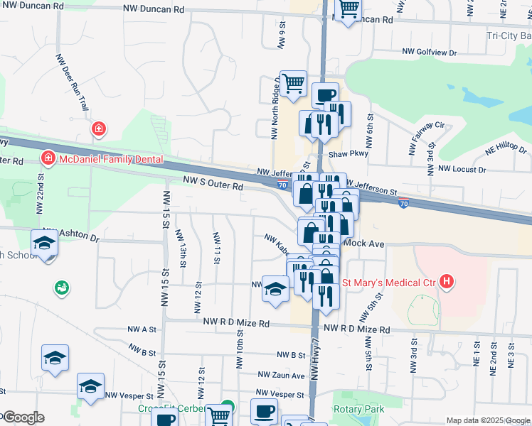 map of restaurants, bars, coffee shops, grocery stores, and more near 812 Northwest Mock Avenue in Blue Springs