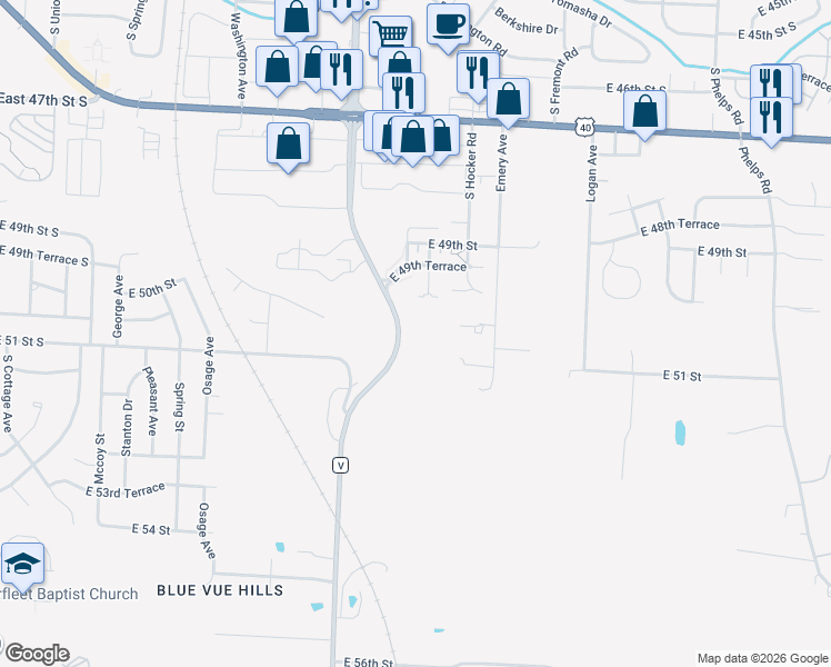 map of restaurants, bars, coffee shops, grocery stores, and more near 5001 Noland Road in Kansas City