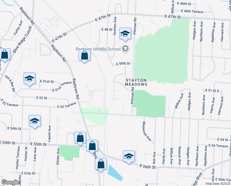 map of restaurants, bars, coffee shops, grocery stores, and more near 5242 Overton Avenue in Raytown