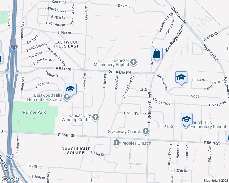 map of restaurants, bars, coffee shops, grocery stores, and more near 5132 Booth Avenue in Kansas City
