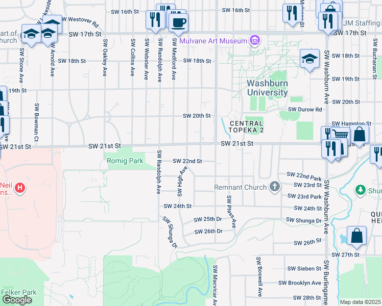 map of restaurants, bars, coffee shops, grocery stores, and more near 2205 Southwest High Avenue in Topeka