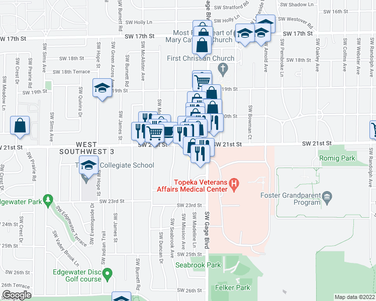 map of restaurants, bars, coffee shops, grocery stores, and more near 2115 Southwest Mission Avenue in Topeka