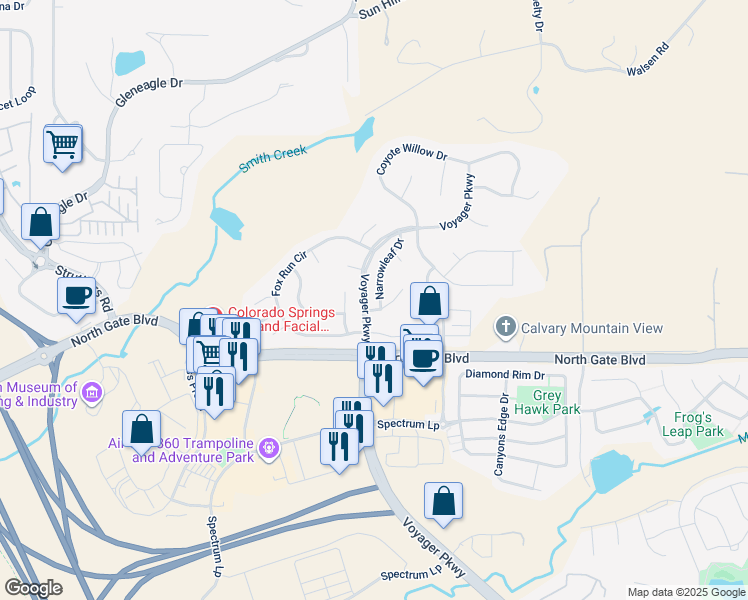 map of restaurants, bars, coffee shops, grocery stores, and more near 13712 Narrowleaf Drive in Colorado Springs