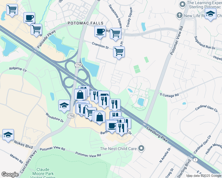 map of restaurants, bars, coffee shops, grocery stores, and more near 21210 McFadden Square in Sterling