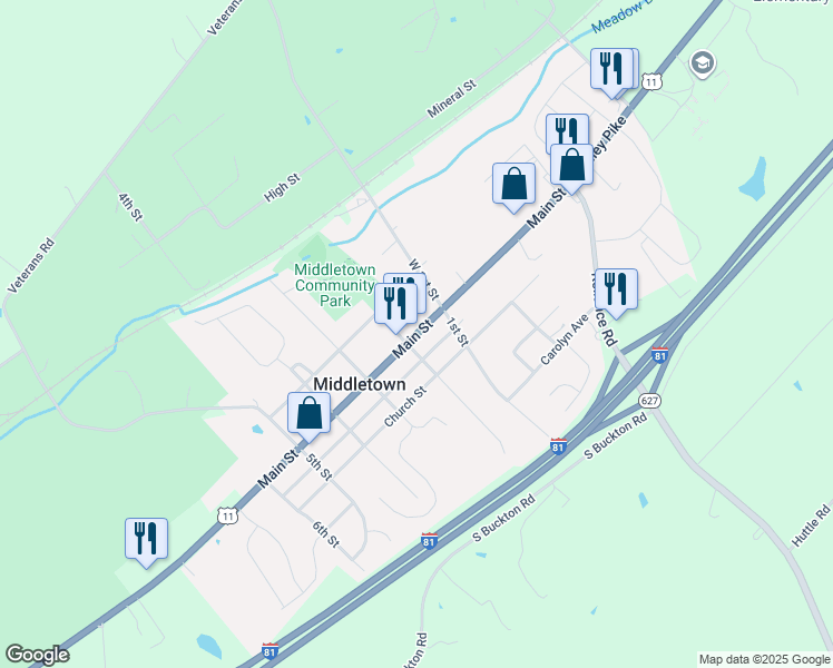 map of restaurants, bars, coffee shops, grocery stores, and more near U.S. 11 in Middletown