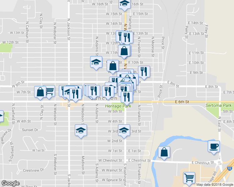 map of restaurants, bars, coffee shops, grocery stores, and more near 125 West 7th Street in Junction City