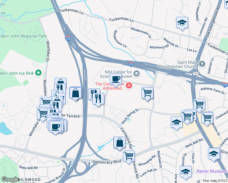 map of restaurants, bars, coffee shops, grocery stores, and more near 6720-A Rockledge Drive in Bethesda