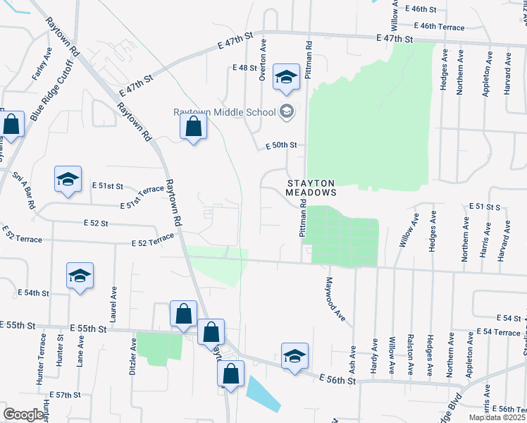 map of restaurants, bars, coffee shops, grocery stores, and more near 5242 Overton Avenue in Raytown