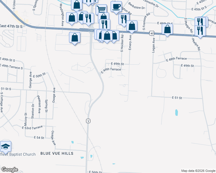map of restaurants, bars, coffee shops, grocery stores, and more near 5001 South Noland Road in Kansas City