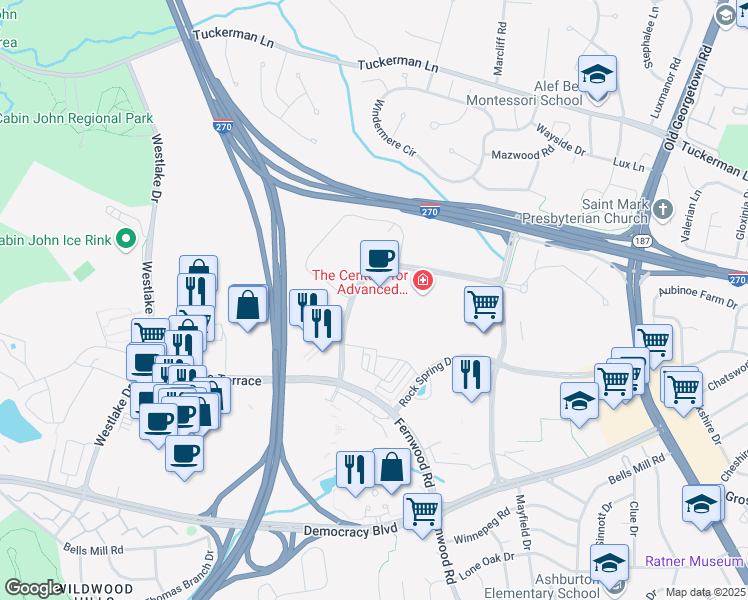 map of restaurants, bars, coffee shops, grocery stores, and more near 6720-A Rockledge Drive in Bethesda
