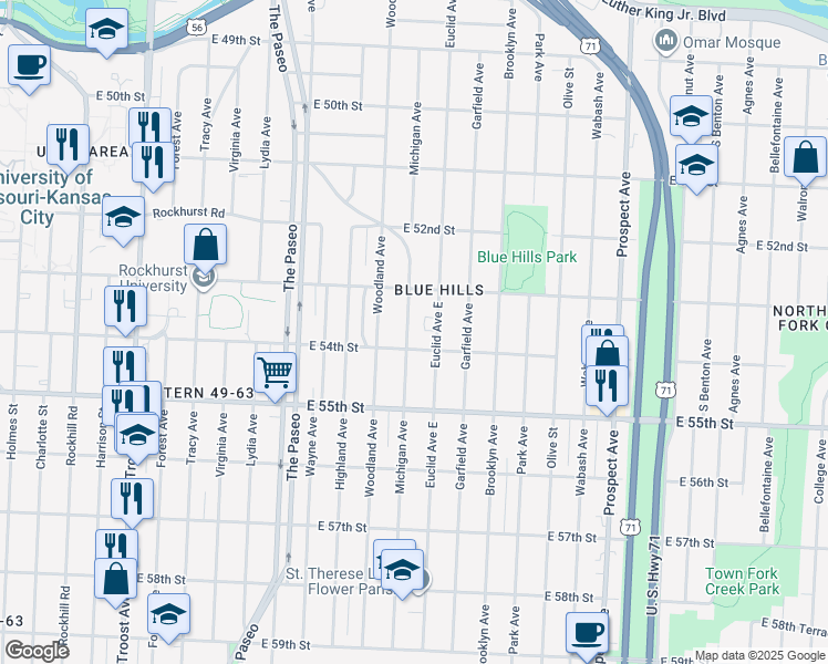 map of restaurants, bars, coffee shops, grocery stores, and more near 5401 Michigan Avenue in Kansas City