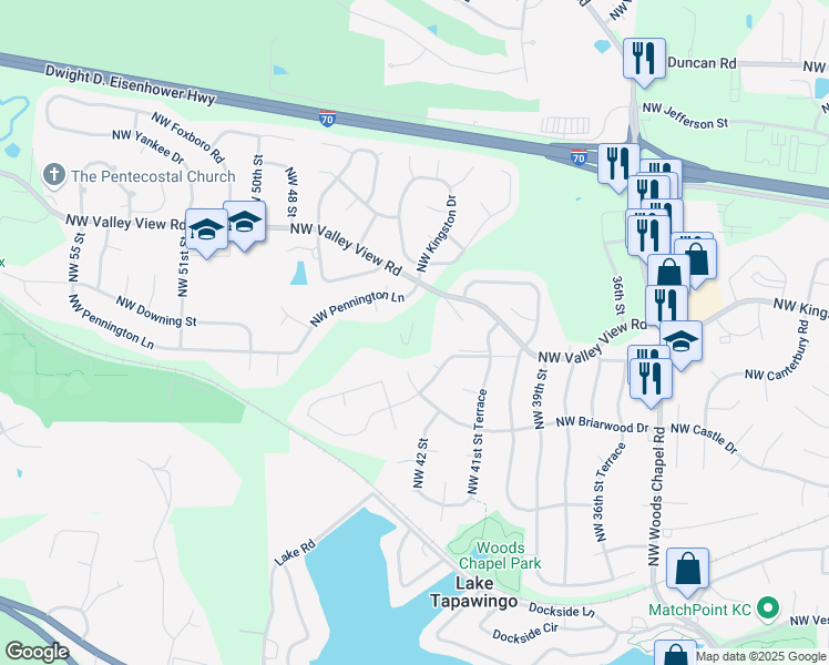 map of restaurants, bars, coffee shops, grocery stores, and more near 4200 Northwest Valley View Road in Blue Springs