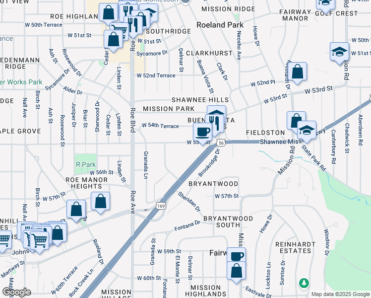 map of restaurants, bars, coffee shops, grocery stores, and more near 4210 Shawnee Mission Parkway in Fairway