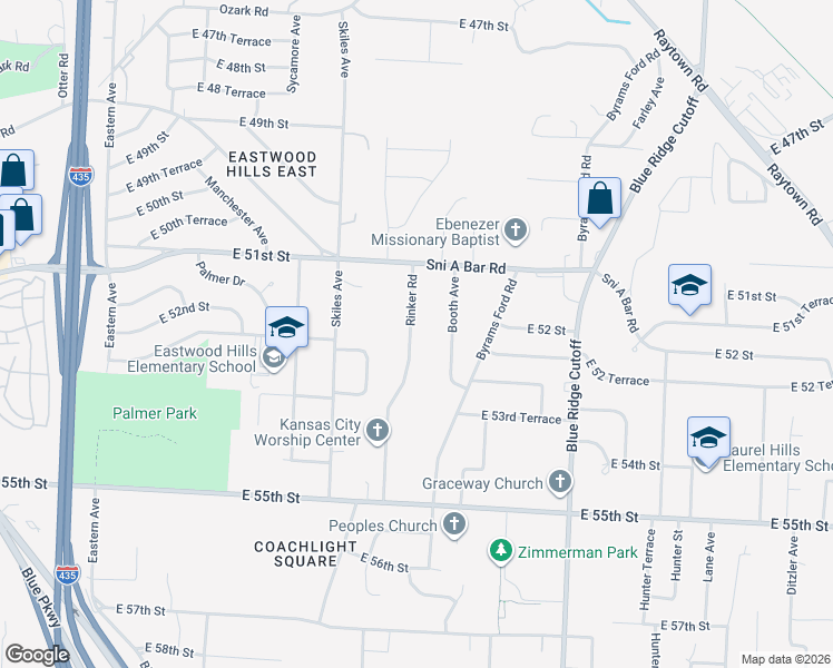 map of restaurants, bars, coffee shops, grocery stores, and more near 5134 Rinker Road in Kansas City