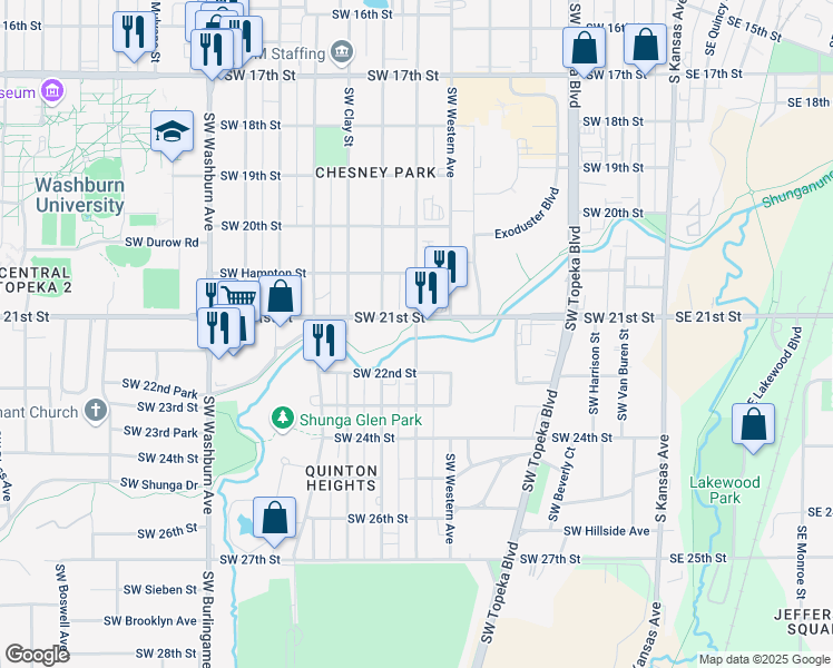 map of restaurants, bars, coffee shops, grocery stores, and more near 2135 Southwest Fillmore Street in Topeka