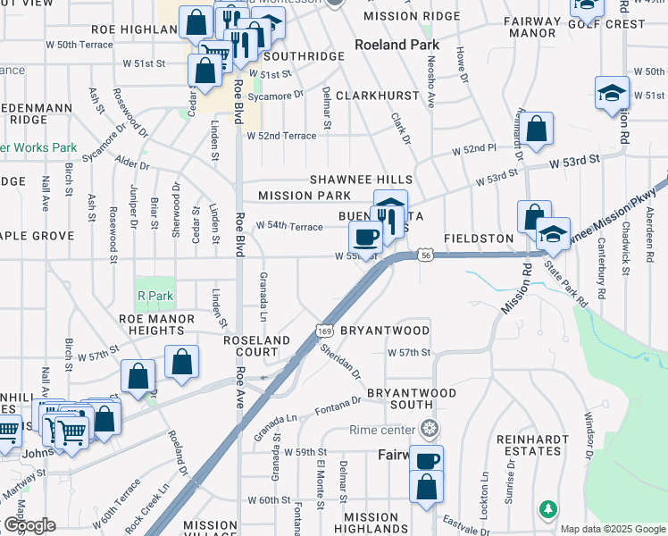 map of restaurants, bars, coffee shops, grocery stores, and more near 4210 Shawnee Mission Pkwy in Fairway