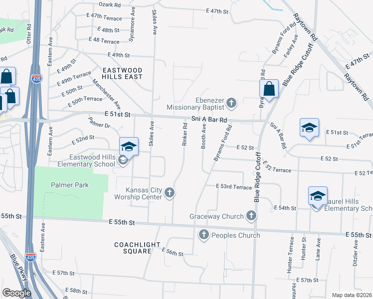 map of restaurants, bars, coffee shops, grocery stores, and more near 5134 Rinker Road in Kansas City