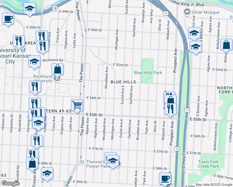 map of restaurants, bars, coffee shops, grocery stores, and more near 5401 Michigan Avenue in Kansas City