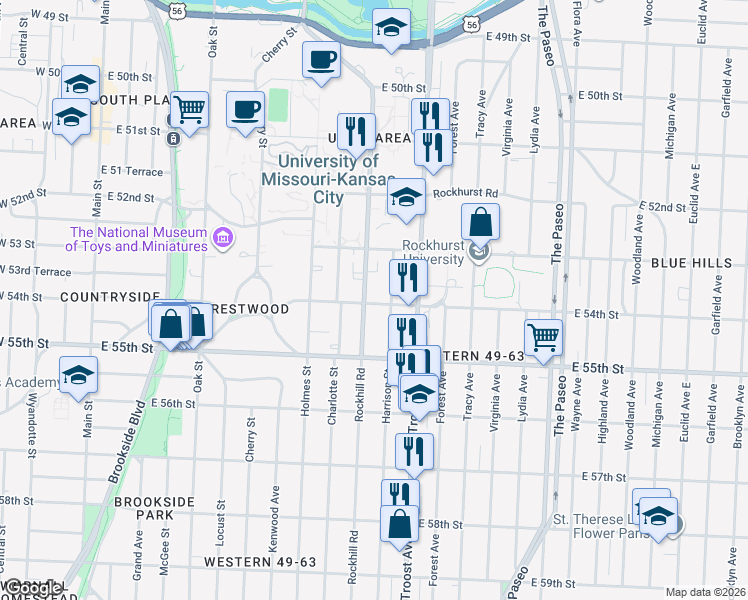 map of restaurants, bars, coffee shops, grocery stores, and more near 5408 Harrison Street in Kansas City