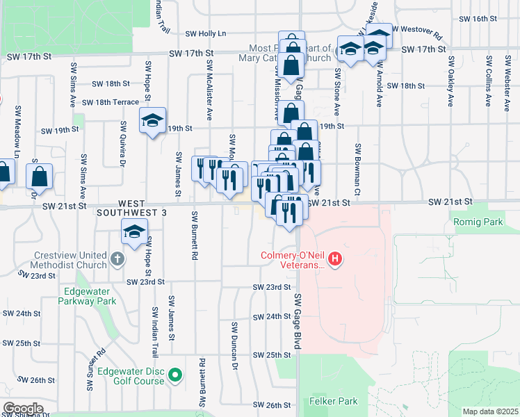 map of restaurants, bars, coffee shops, grocery stores, and more near 2115 Southwest Mission Avenue in Topeka