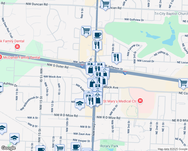 map of restaurants, bars, coffee shops, grocery stores, and more near 905 Southeast 7 Street in Blue Springs