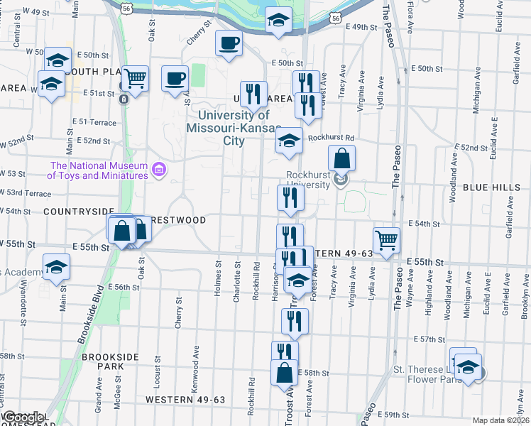 map of restaurants, bars, coffee shops, grocery stores, and more near 5408 Harrison Street in Kansas City