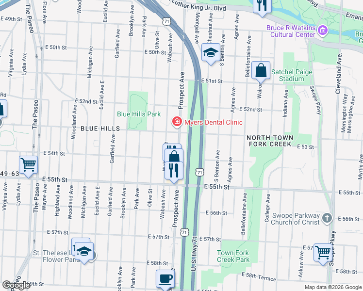 map of restaurants, bars, coffee shops, grocery stores, and more near 5338 Prospect Avenue in Kansas City