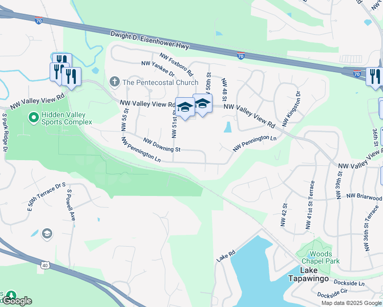 map of restaurants, bars, coffee shops, grocery stores, and more near 4908 Northwest Downing Street in Blue Springs