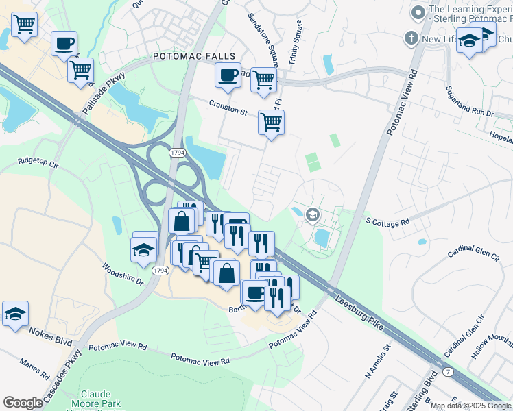 map of restaurants, bars, coffee shops, grocery stores, and more near 21282 McFadden Square in Sterling