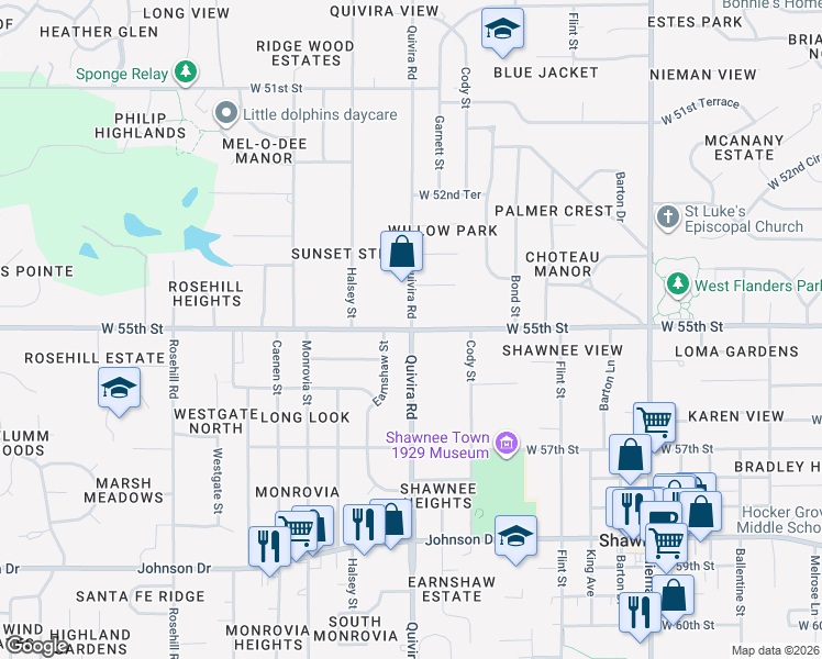 map of restaurants, bars, coffee shops, grocery stores, and more near Quivira Rd & W 55th St in Shawnee