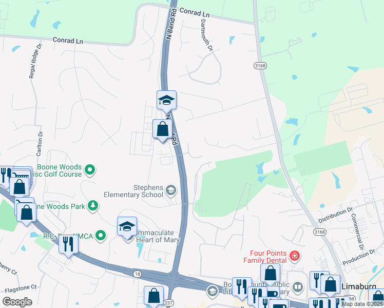 map of restaurants, bars, coffee shops, grocery stores, and more near 5304 Country Club Lane in Burlington