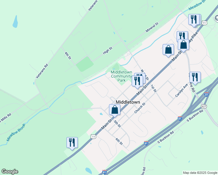 map of restaurants, bars, coffee shops, grocery stores, and more near 2416 Greenbriar Road in Middletown