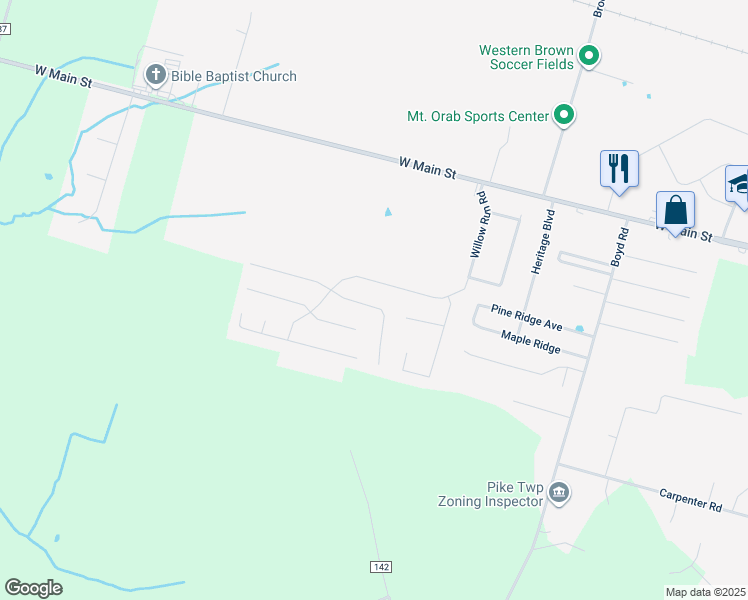 map of restaurants, bars, coffee shops, grocery stores, and more near 138 Willow Run Road in Mount Orab