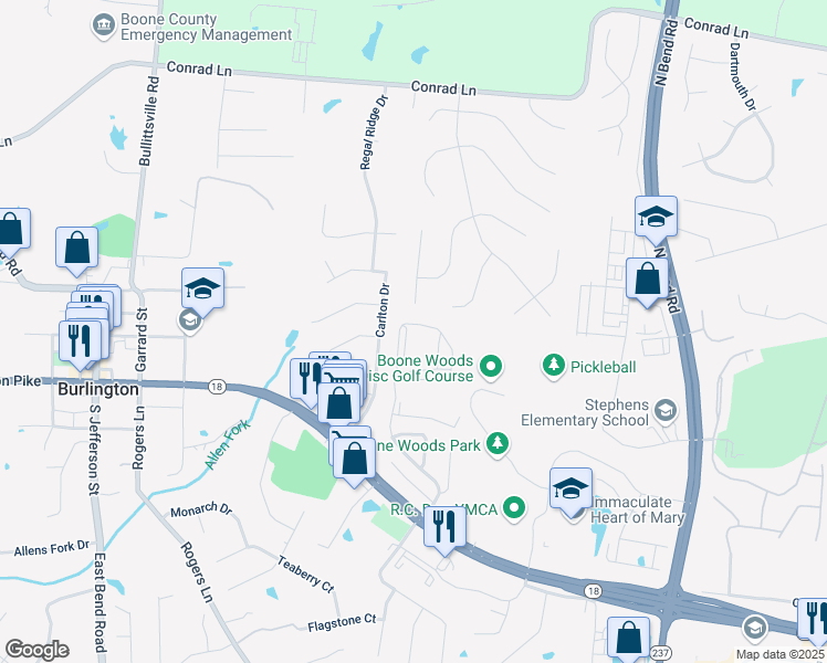 map of restaurants, bars, coffee shops, grocery stores, and more near 5908 Carlton Drive in Burlington