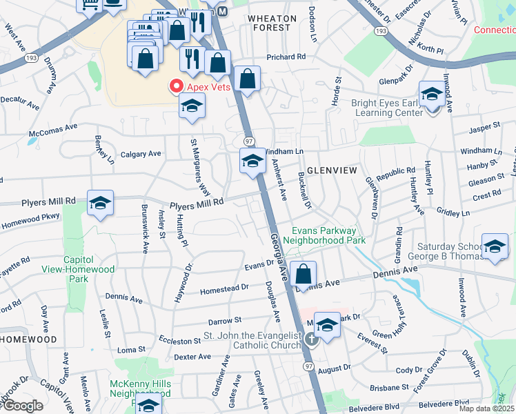 map of restaurants, bars, coffee shops, grocery stores, and more near 2307 Georgia Village Way in Silver Spring