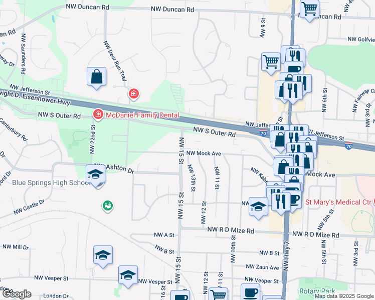 map of restaurants, bars, coffee shops, grocery stores, and more near 1400 Northwest South Outer Road in Blue Springs