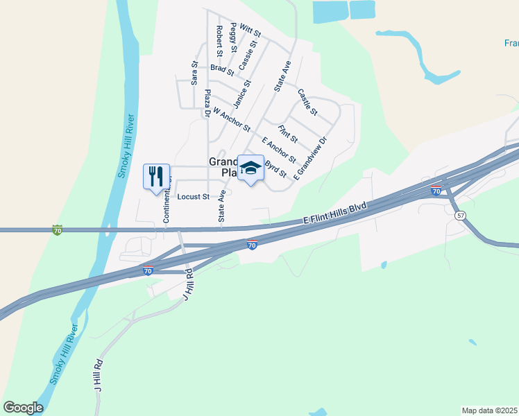 map of restaurants, bars, coffee shops, grocery stores, and more near 103-151 East Grandview Drive in Junction City