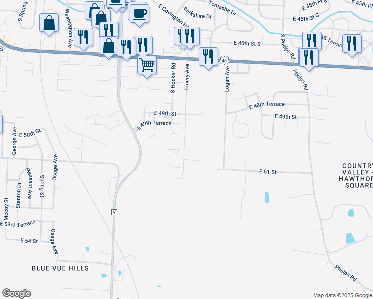 map of restaurants, bars, coffee shops, grocery stores, and more near 5009 Emery Avenue in Kansas City