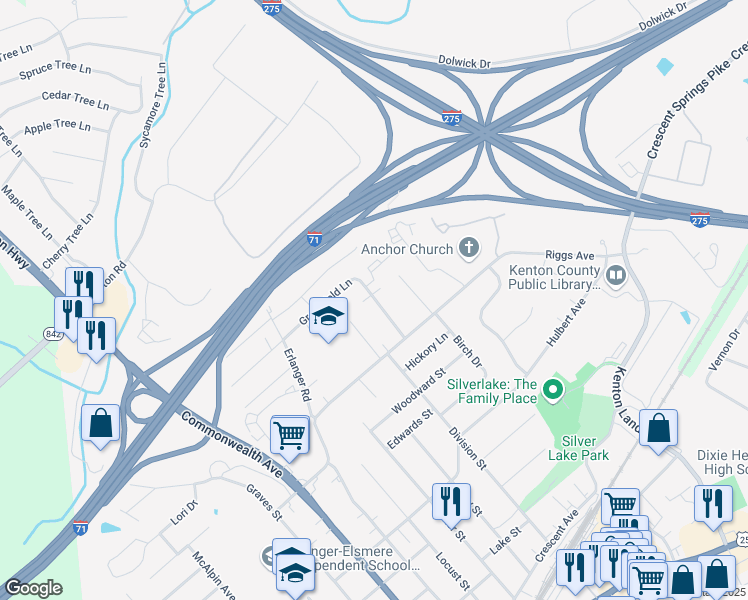 map of restaurants, bars, coffee shops, grocery stores, and more near 535 Greenfield Lane in Erlanger